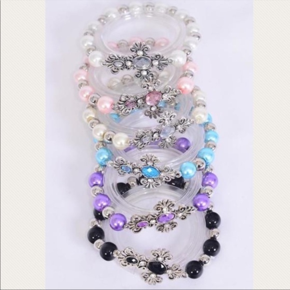 Sideways Cross Acrylic Stone Stretch Bracelets